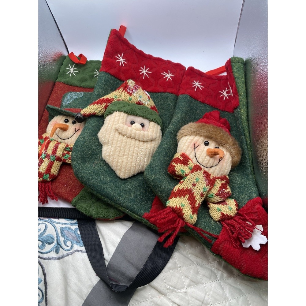 3 Green And Red Christmas 3D Stockings Snowmen And Santa-As Is READ